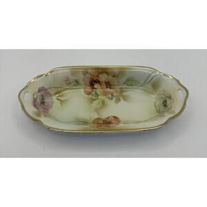 1930s Prov Saxe ES Porcelain Radish Dish Germany Hand Painted Floral Handles